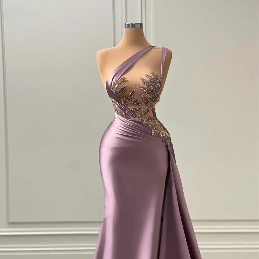 Purple One Shoulder Evening Dress Women\'s Mermaid Chest Waist Perspective Sexy Party Dressing Beaded Pleated Satin Floor Skirt