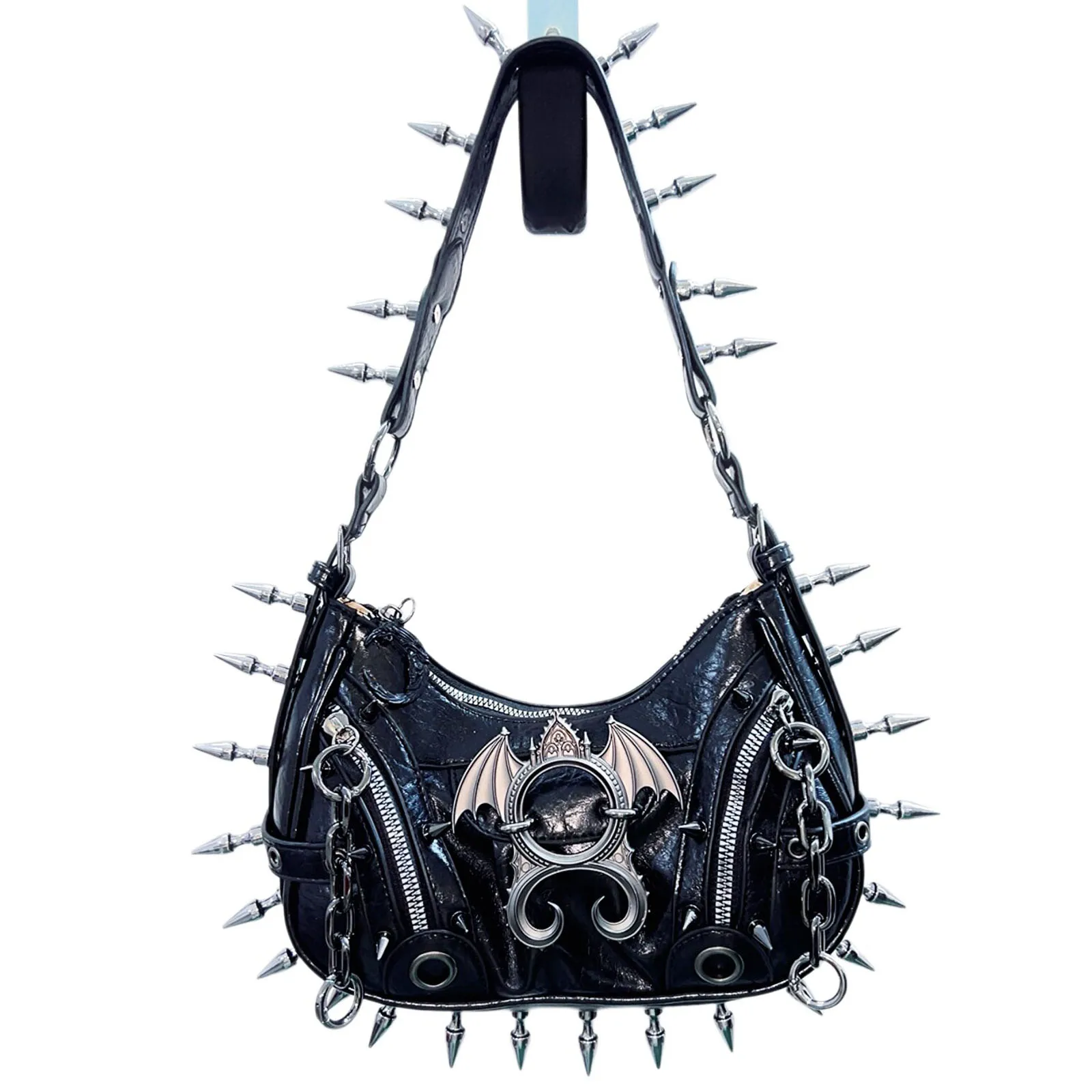 Women Gothic Punk Shoulder Bag PU Leather Spike Rivet Chain Hobo Bag Bat Wing Metal Decor Y2K Dark Aesthetic Underarm Handbag