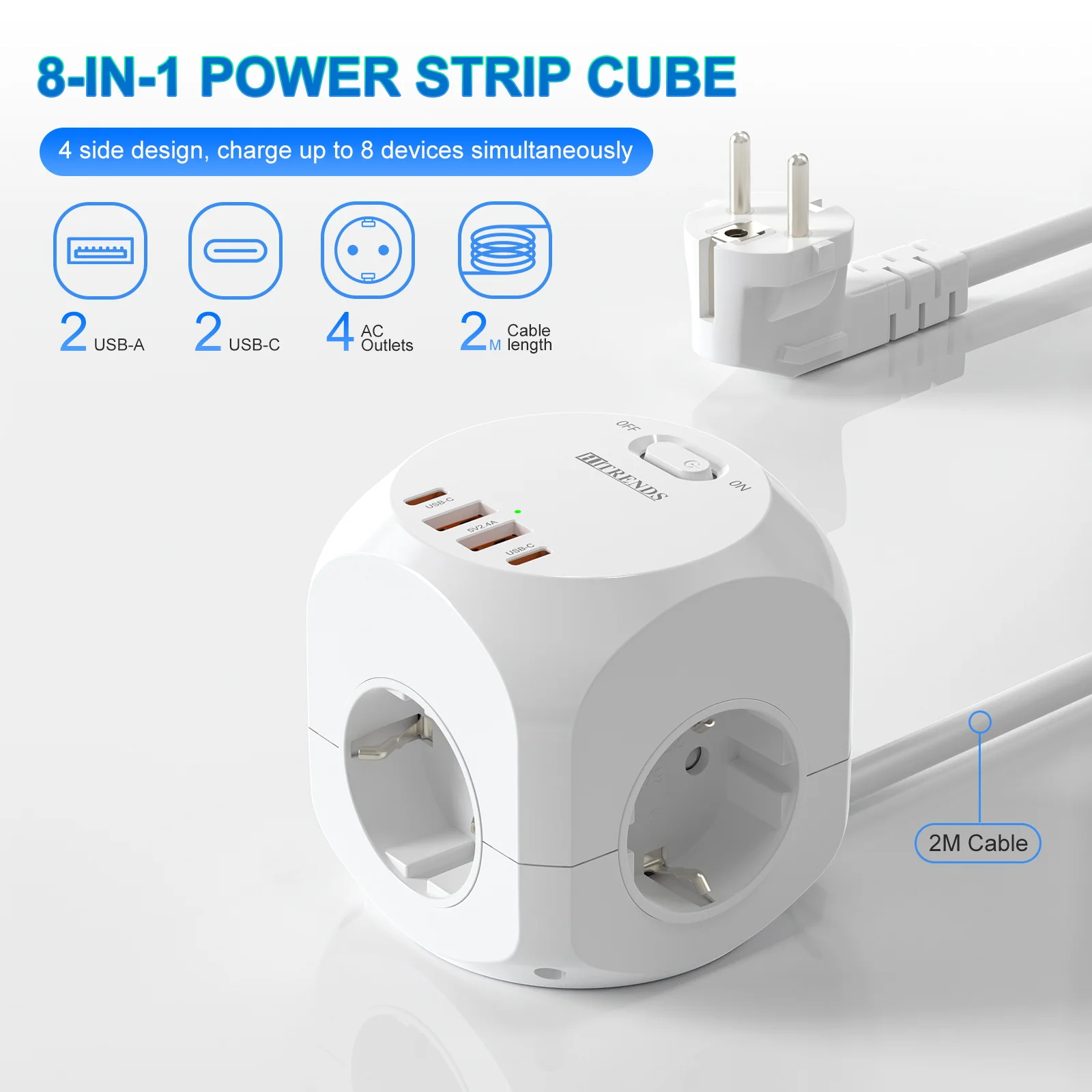 

Удлинитель с вилкой европейского стандарта, защита от перенапряжения с 2 USB A и 2 зарядками типа C, удлинитель настенной розетки, удлинитель 2 м для дома