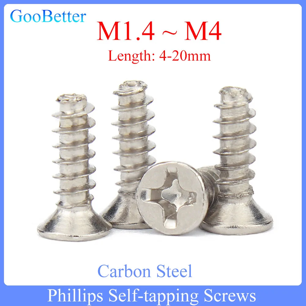 100Pcs Phillips Self-tapping Screws M1.4 M1.7 M2 M2.3 M2.6 M3 M3.5 M4 Carbon Steel Cross Recessed Flat Countersunk Head Bolts