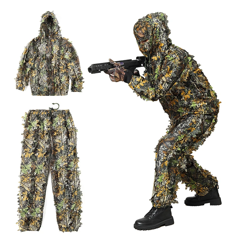 Synthetic Fiber Hot Men Women Outdoor Ghillie Camouflage Clothes Jungle CS Training Leaves Clothing Hunting Suit Pants Jacket