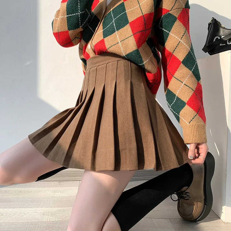 Brown High Waist Pleated Skirts for Women A-Line Mini Tennis Skirt with Lining Shorts Ladies Spring Summer Casual Basic Skirts