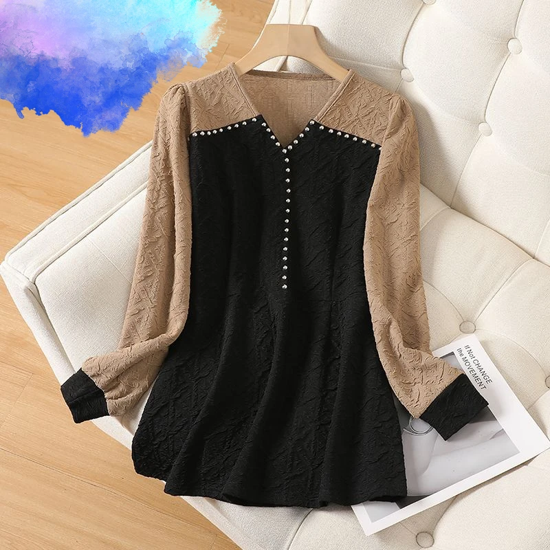 

Fashion Long Sleeve Spliced V-neck Beaded Decoration Oversized Blouses 2024 Spring Autumn Commute Loose Women's Clothing A809