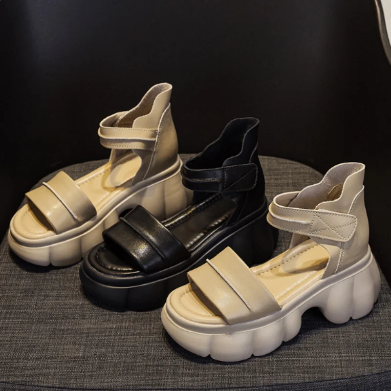 ZXRYXGS New Summer Thick Sole Increase High Heeled Sandals Fashion Versatile Women's Genuine Leather Sandals Roman Shoes 2026