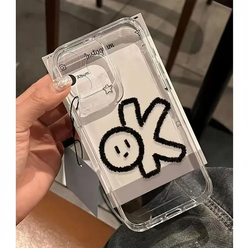 Ins Hot Simple OK جراب هاتف آيفون 16 15 14 13 12 11 Pro XS MAX 7 XR 8 7 Plus غطاء شفاف Fundas