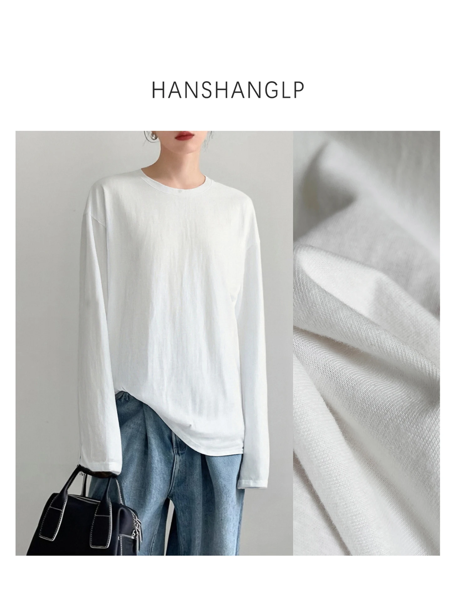 

Свободная женская футболка оверсайз белого цвета с круглым вырезом, длинным рукавом и закругленным низом, из смесового хлопка и полиэстера, для повседневной носки