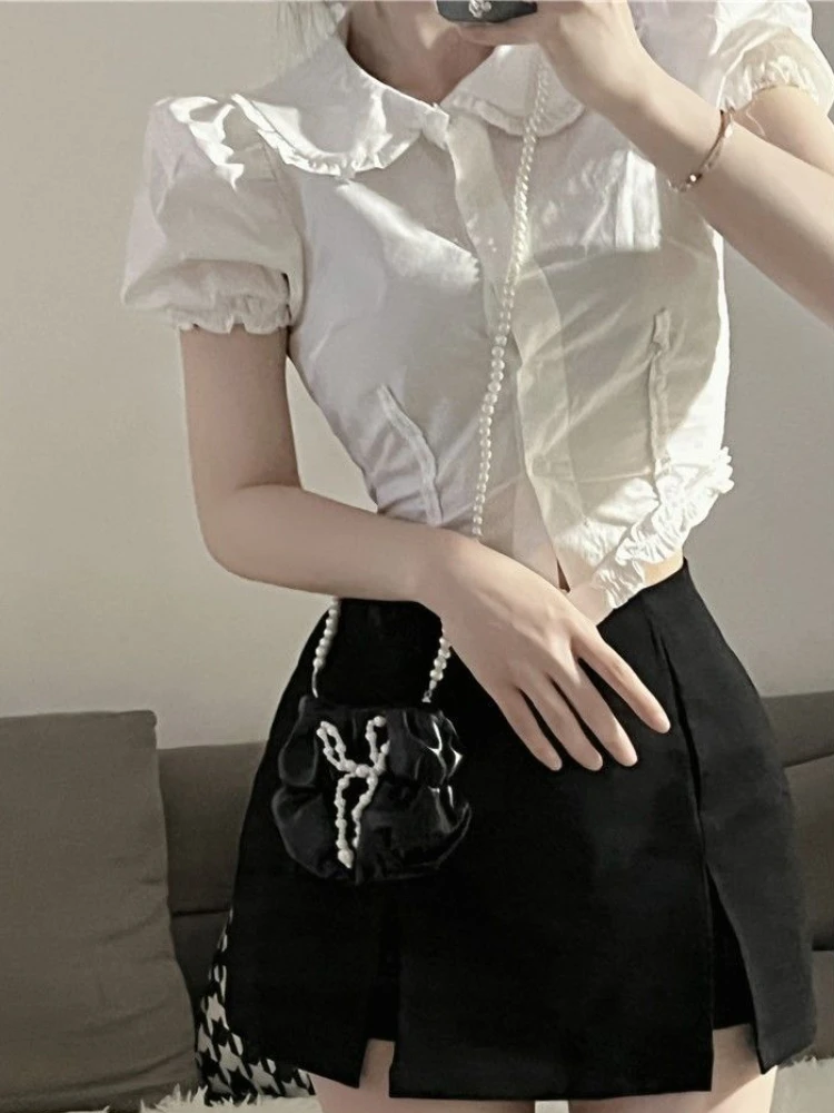 Shirts Women Summer Peter Pan Collar Daily Sweet Girls Students Slim Crop Tops Korean Style Fashion Chic All-match Camisas Mujer