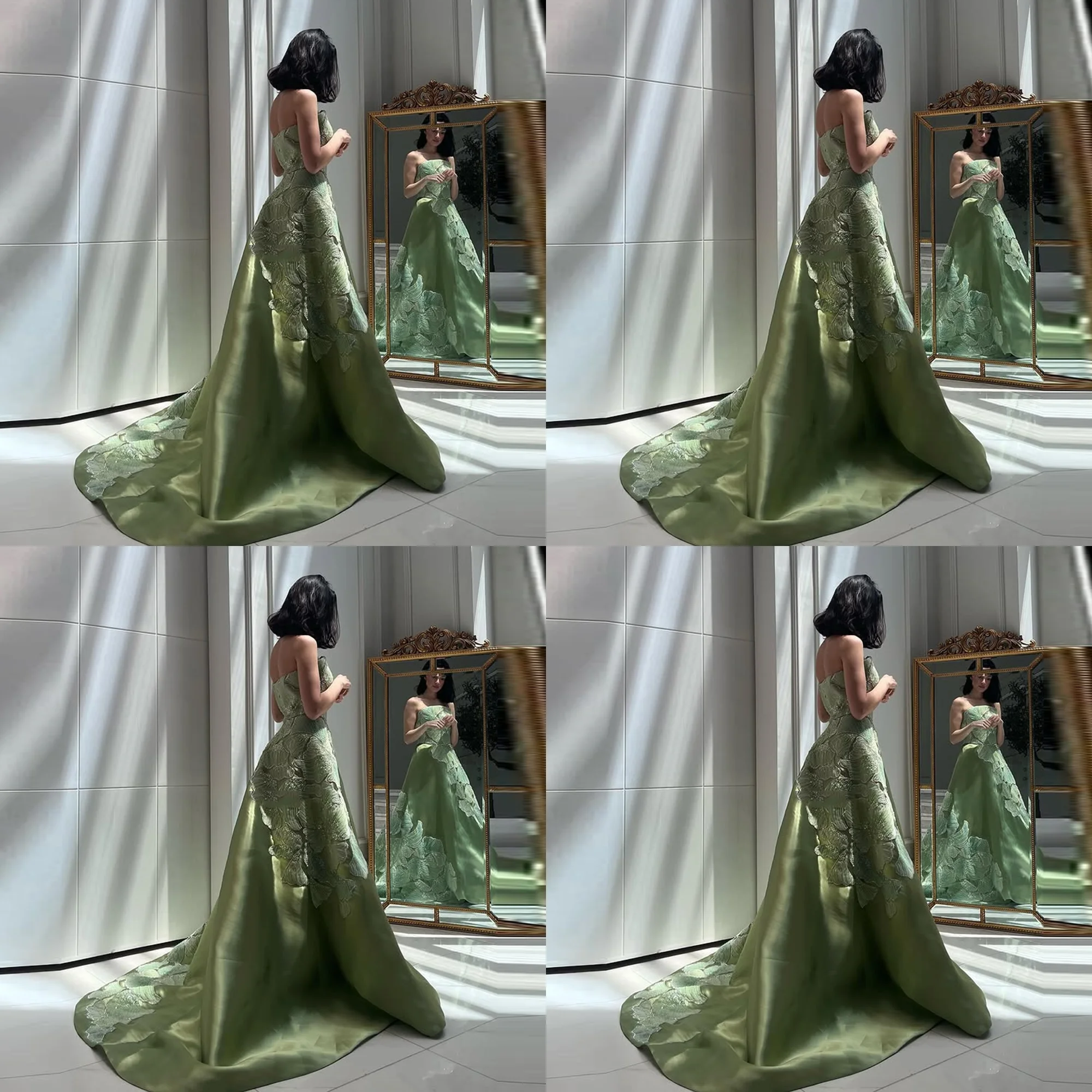 

Elegant Boat Collar Satin Floral Embroider Customized Party Dress A-line Backless Beaded Evening Gown with Court robe de soirée