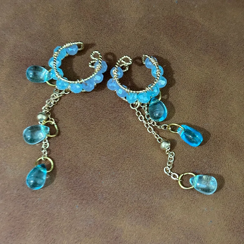 Boho Light Blue Waterdrop Beads Ear Cuff Layered Long Chain Dangle Non Pierced Clip On Earrings Trendy Summer Beach Jewelry