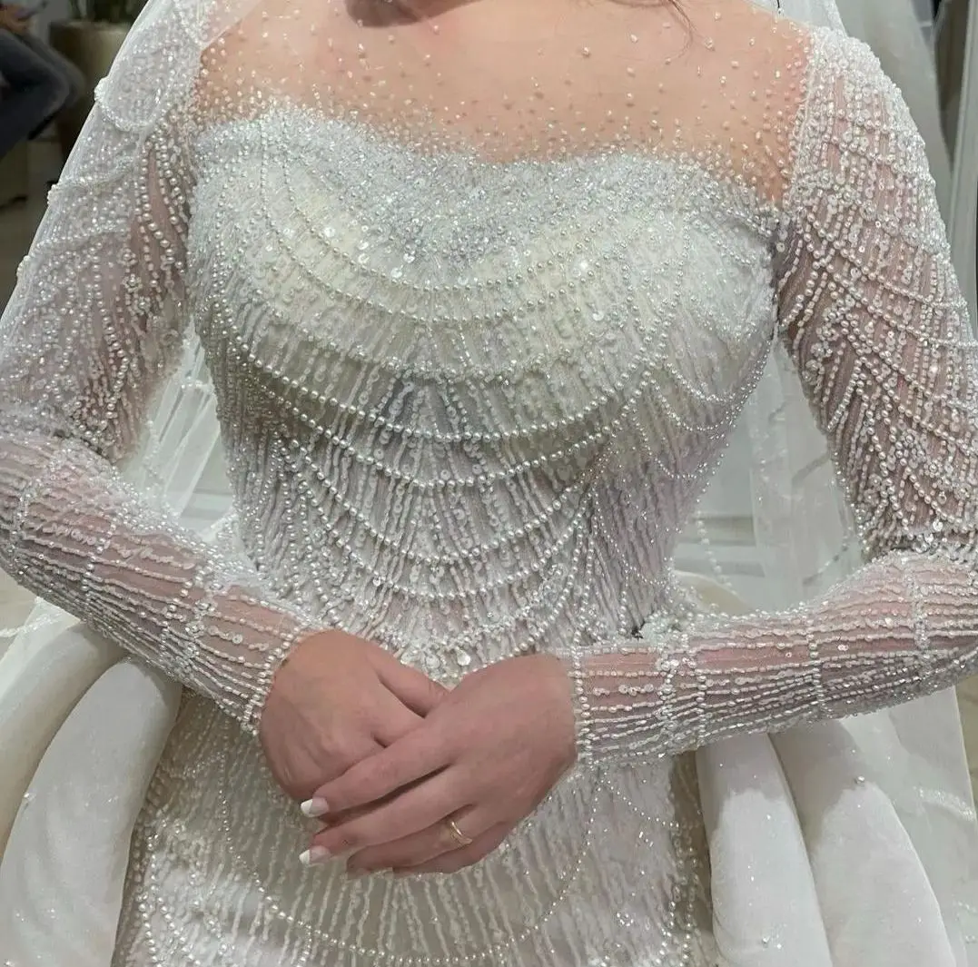 Exquisito Vestido De Novia De manga larga, Vestido De Novia con lentejuelas brillantes, perlas, cuentas, encaje 3D, tren desmontable