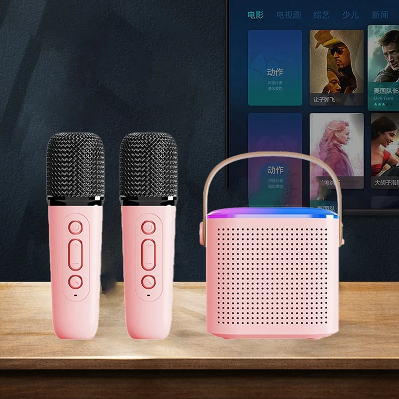 

Portable Bluetooth 5.3 Speaker System With 2 Wireless Microphones Home Singing Speaker Durable Easy Install Easy To Use Pink