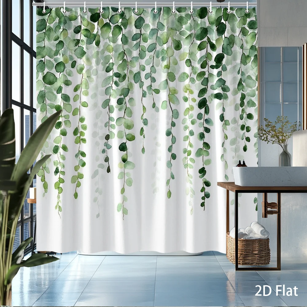 Eucalyptus Shower Curtain – Cascading Green Leaves, Waterproof Polyester, 72x72 Inch, Boho Bathroom Decor