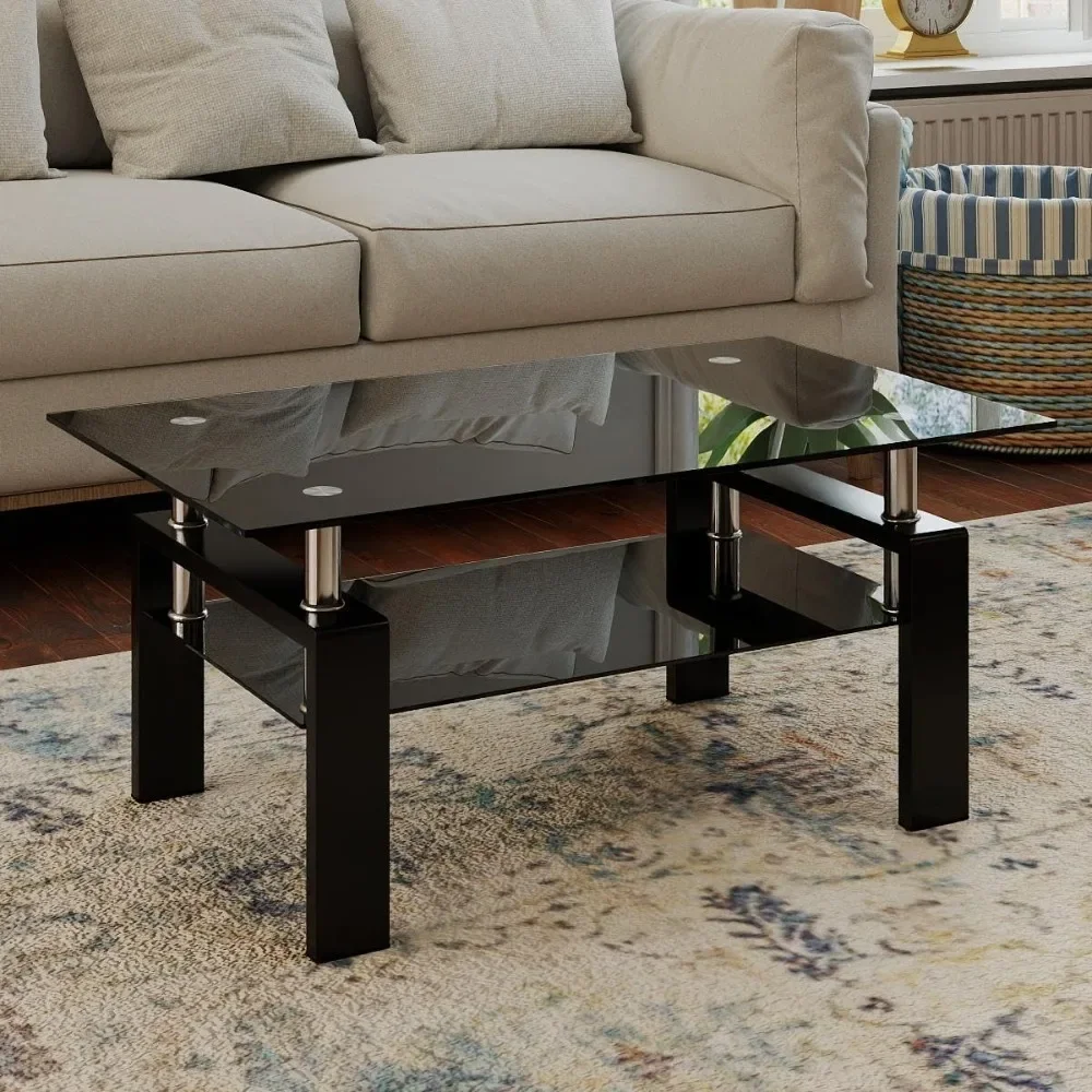 Glass Coee Table, Black Living Room RecCoee Table with Tempered Glass & Metal Tube, 2 Layers o Storage Space ern Tea Table Side