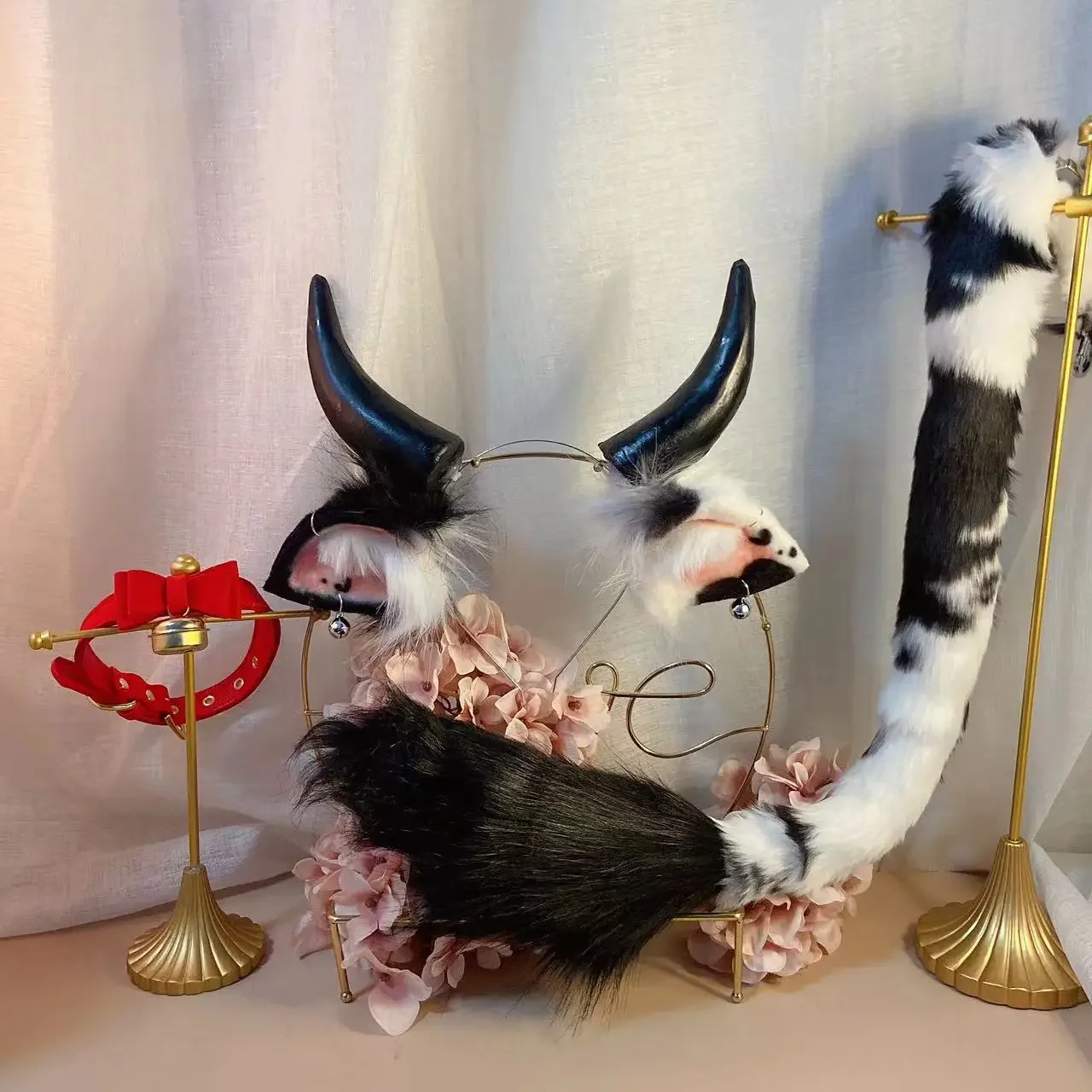 Custom Handmade Black And White Dairy Cattle Horns Ears Hair Hoop Cow Headwear Tail Christmas Halloween Cosplay Prop