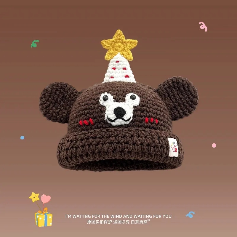 

Spring and Autumn Korean Version of Cartoon Hand-woven Birthday Bear Knitted Hat Women Sweet and Cute Warm Dome Skull Beanie Cap