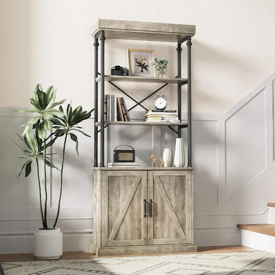 74 Inch Industrial Bookshelf for Living Room Library Home Office: Wood Construction Grey Finish with Doors 3 Open Shelves Roman