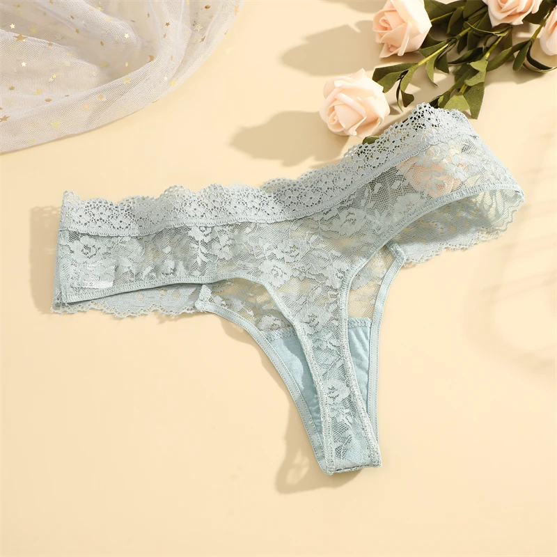 FINETOO 3Pcs Women Lace Hollow Out Underwear Sexy Floral Print Panties Female Solid Low-Waist Thong Breathable G-string Lingerie