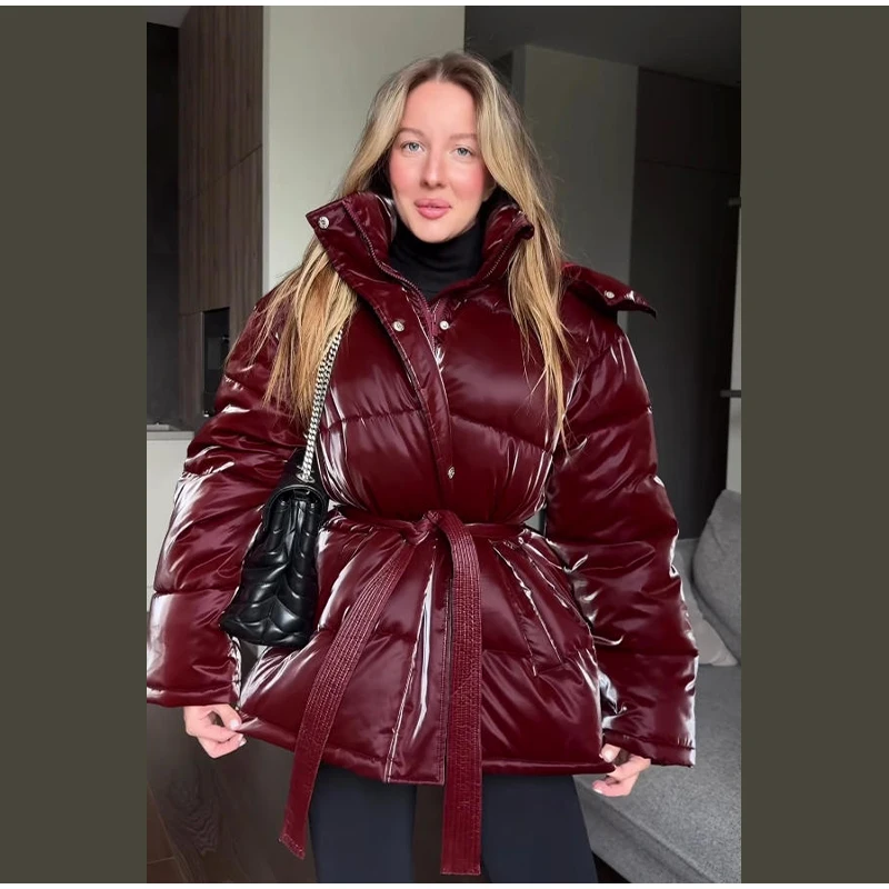Chic Reflective Fabric Lace Up Hooded Cotton Jacket Women Stand Collar Full Sleeve Zipper Warm Overcoat 2026 Winter Lady Outwear