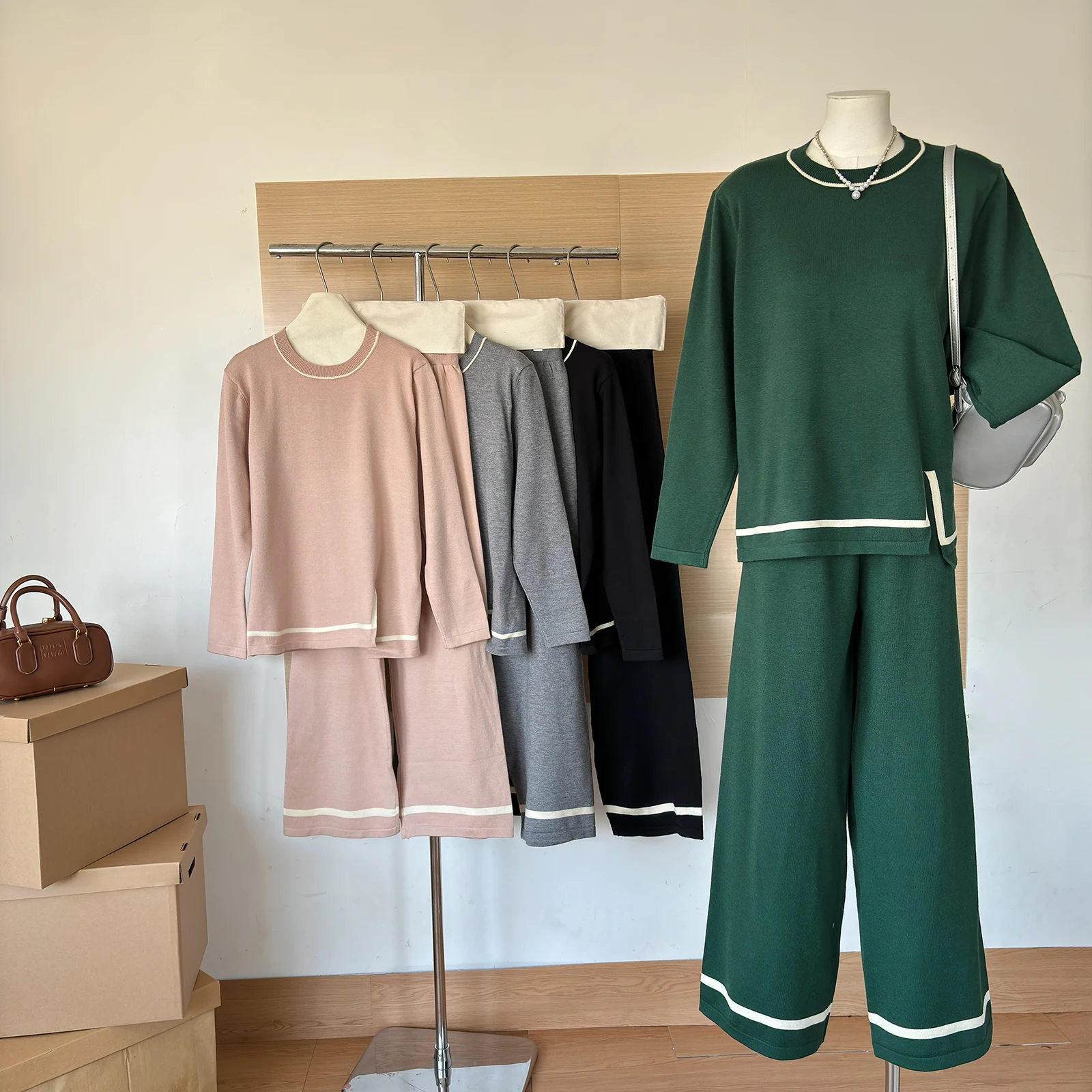 Elegant Two Piece Set Women Outfit 2024 Matching Set New Products Winter Knitwear Long Sleeve Top Pullover Wide Leg Pant Sets