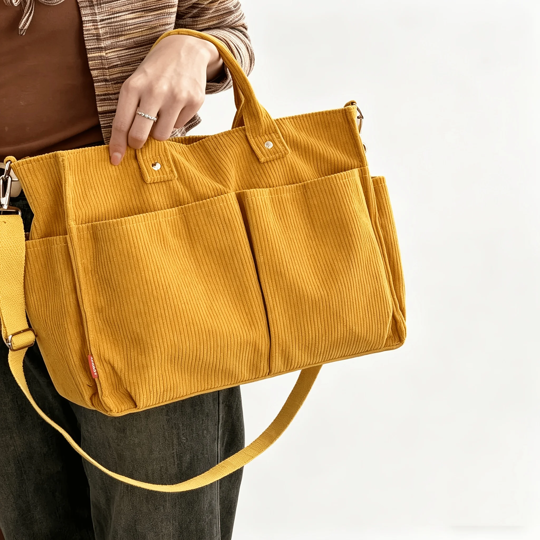 [Thickened Corduroy Tote Bag Multi-Pocket] Chic Corduroy Tote Bag for Women -Multi-Pocket, Thickened Design with Striped Pattern