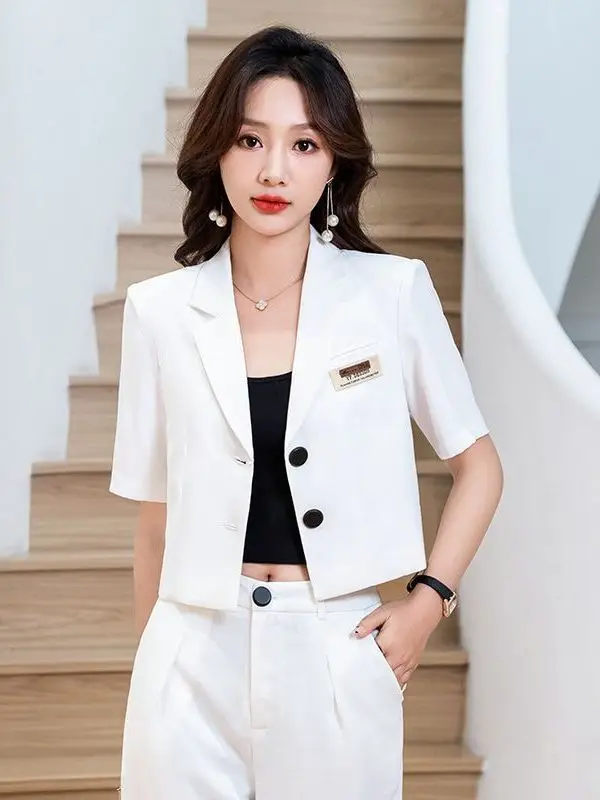 

ort Sve Women's Jaet Thin Summer Casual Profional Sle Korean Version Polyester Material Button Closure