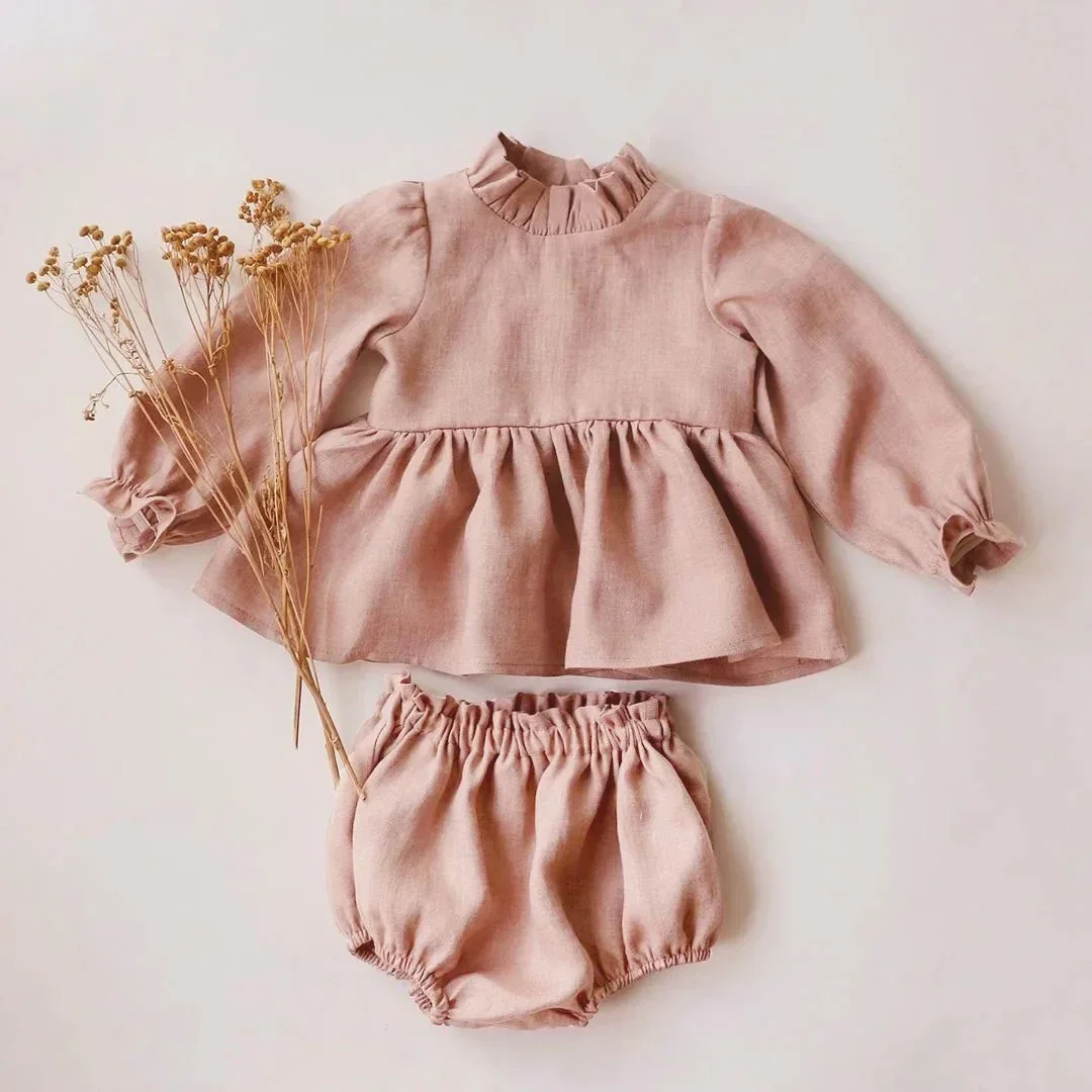 

2Pcs Baby Girl Clothing Sets Spring Summer Linen Cotton Infant Baby Girl Outfits Blouse + Bottom Shorts