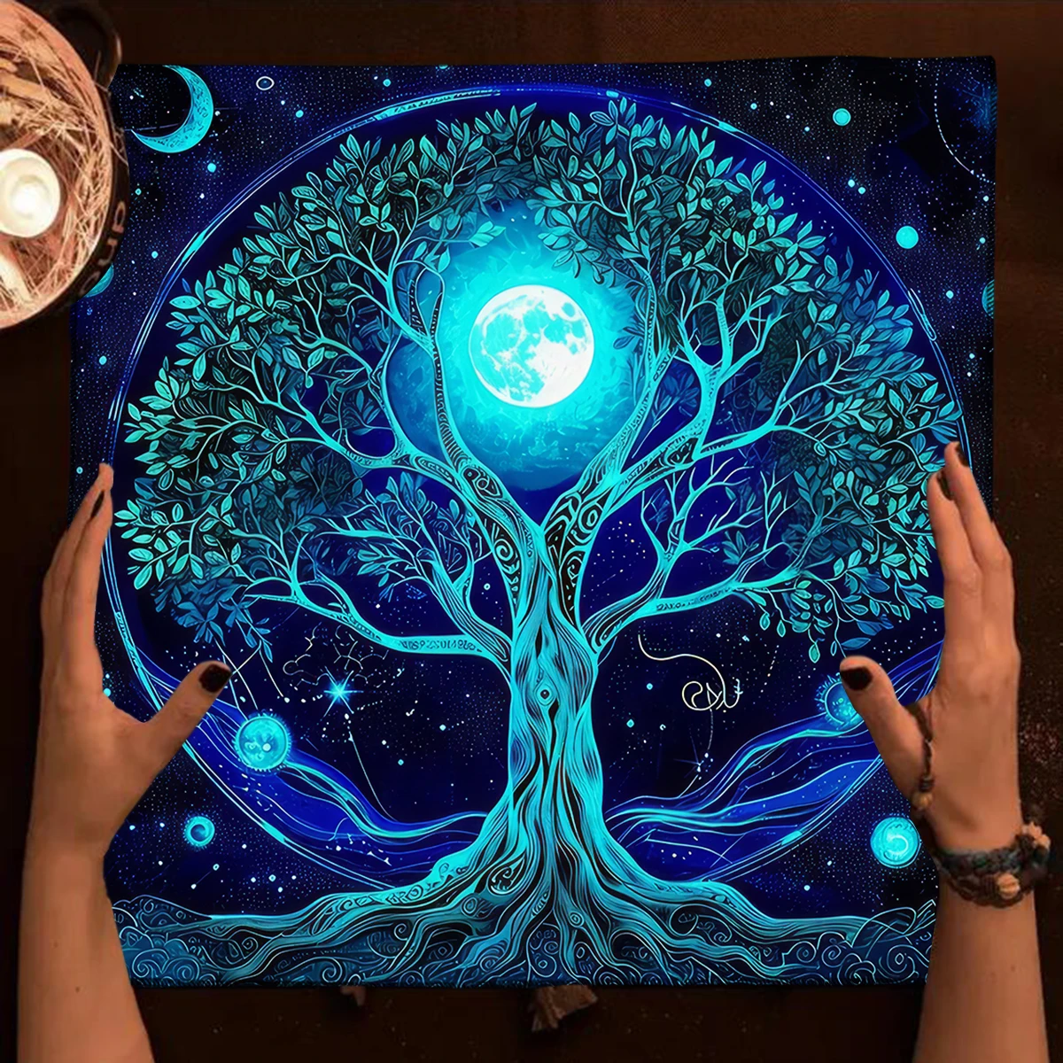 Mystic Blue Moon Tree of Life Tarot Tablecloth Altar Cloth Witchcraft Astrology Oracle Card Matfor Divination Room Home Decor