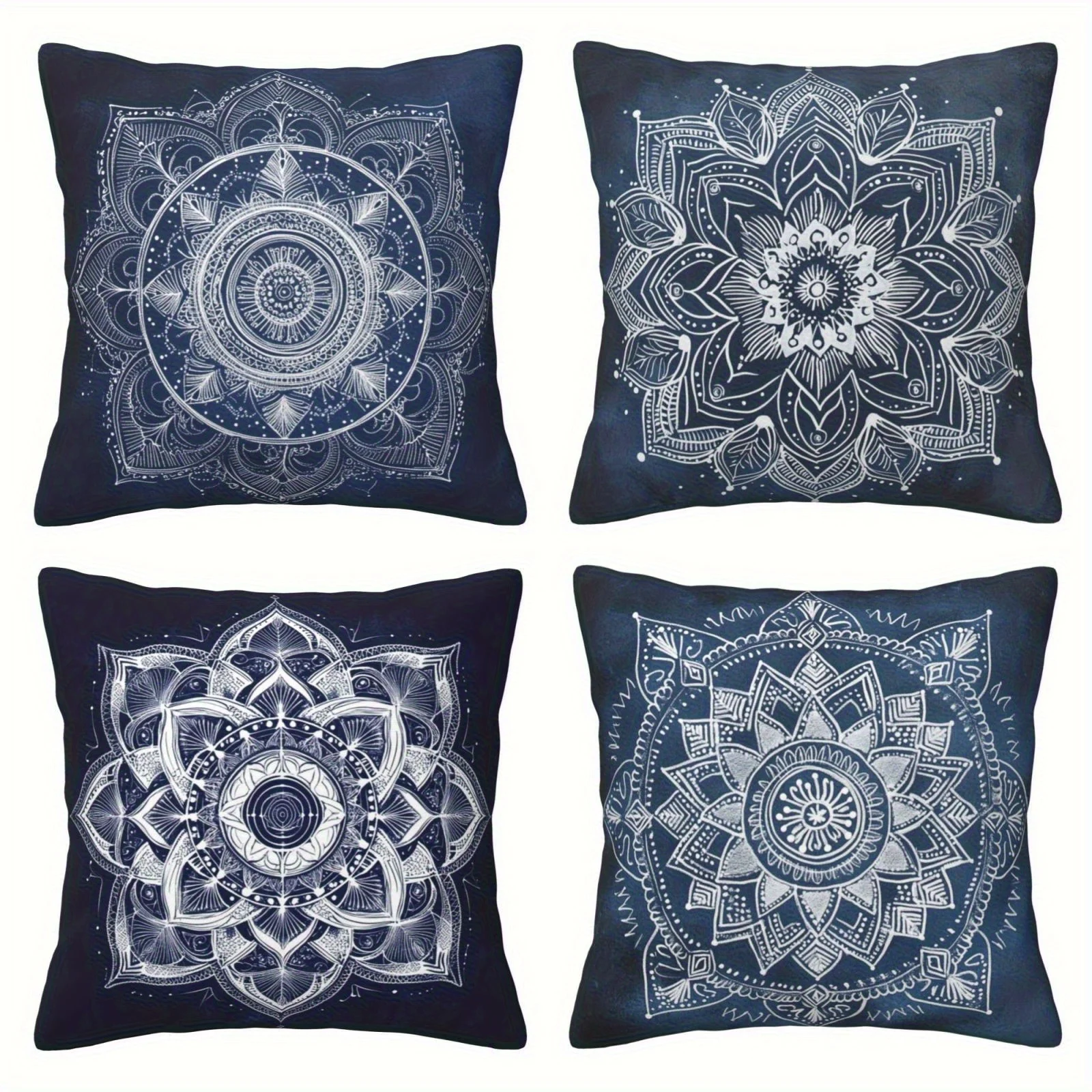 

4 шт. наволочки с рисунком мандалы, доступны в трех размерах, синий фон с белым узором, наволочки в стиле ретро,