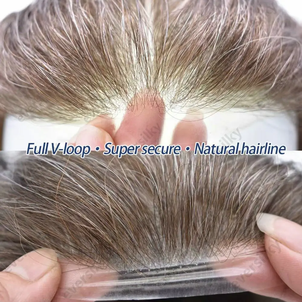 Unsichtbarer Natürlicher Haaransatz 0,02mm Ultradünnes Hauttoupet für Männer Kapillarprothese Echthaarperücken 540 # 565 # Graues Haarsystem – Detail 1