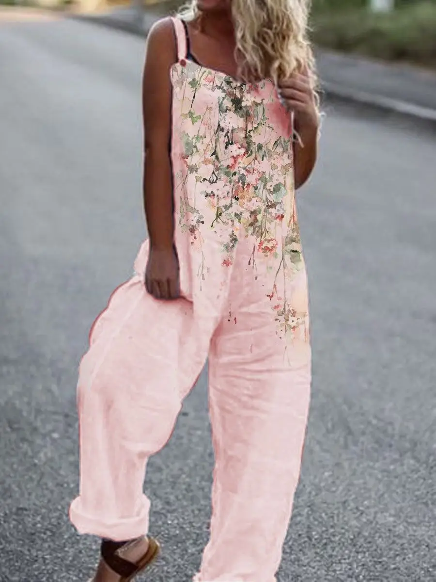 

Women's Relaxed Fit Overalls Jumpsuit Sleeveless Square Neckline and Side Pockets Artistic Graphic Print Jumpsuit