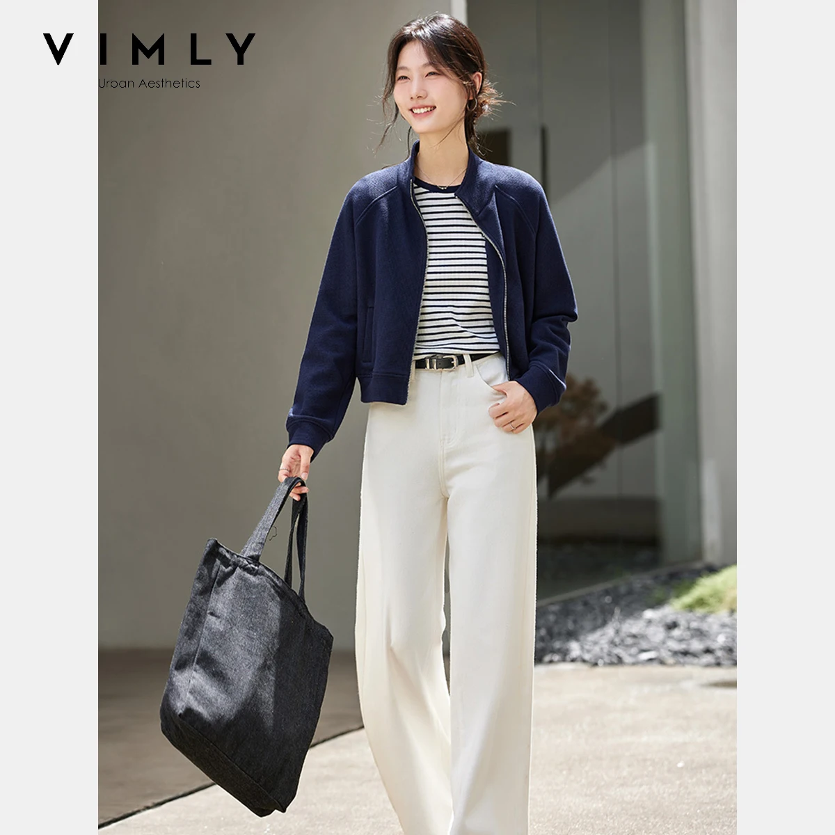 VIMLY Woman Short Jackets Autumn 2025 Elegant Office Wear Long Sleeve Stand Solid Zippers New Ladies Coats Woman Clothing A2037