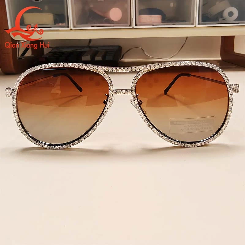 Bling Silver Frame Moissanite Inlaid  Sunglasses Polarized Gradient Brown Lens Alloy Temples Women man Fashion Party Sun Shades