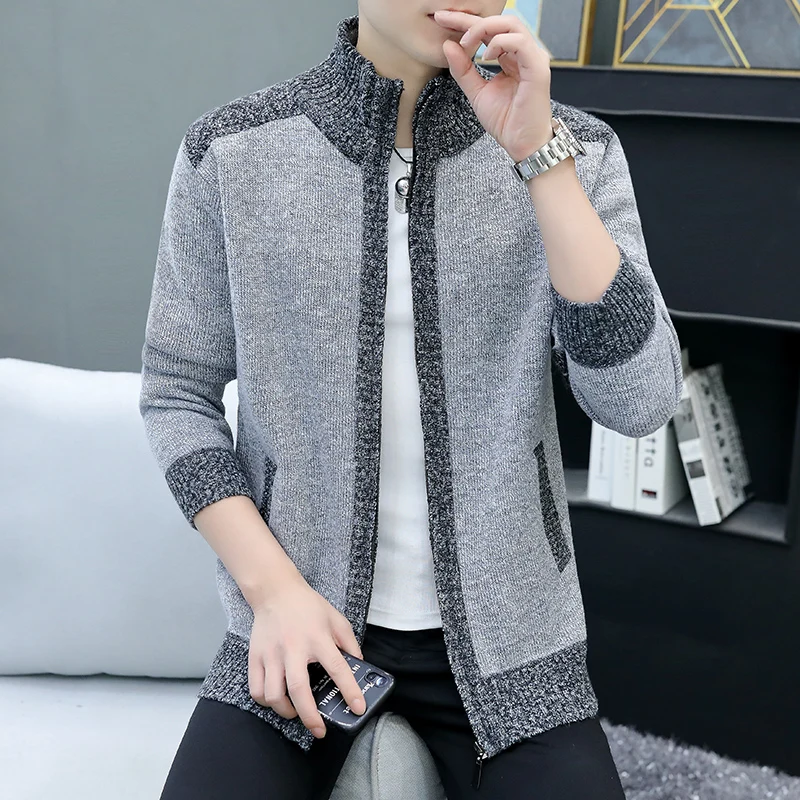 Cardigan de retalhos masculino com zíper, jaqueta de malha, casaco de suéter, retalhos, estilo coreano, outono, inverno, masculino, 8813