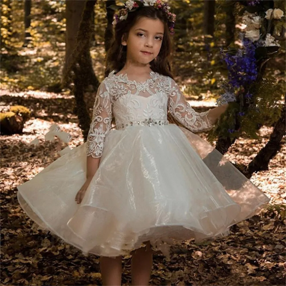 Vestidos de niña de flores mullidos hasta la rodilla para boda, cumpleaños, cinturón de encaje de manga tres cuartos, vestido de princesa de desfile de Organza para niñas