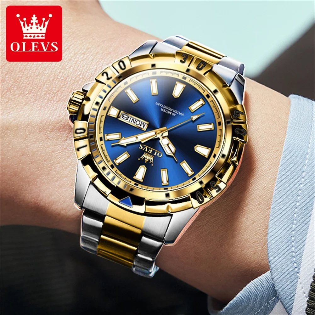 OLEVS 5560 Gold Blue Luminous Flame Design Men\'s Watches Stainless steel Strap Luxury Brand Diving Series Quartz Watch for Men