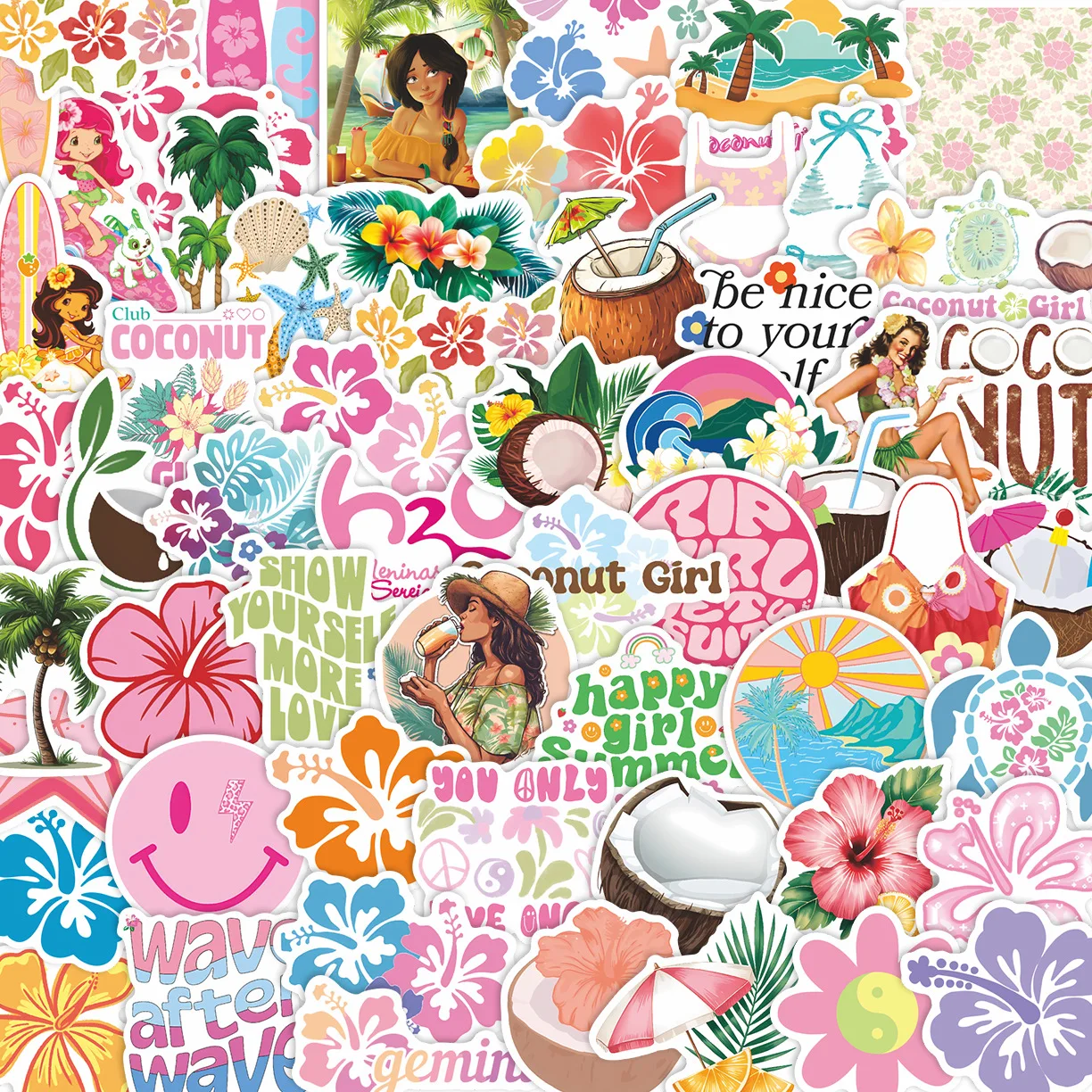 60pcs Summer Coconut Girl Graffiti Stickers Waterproof Diy Decals For Phone Laptop Ipad Glasses Case Notebook Luggage Decor