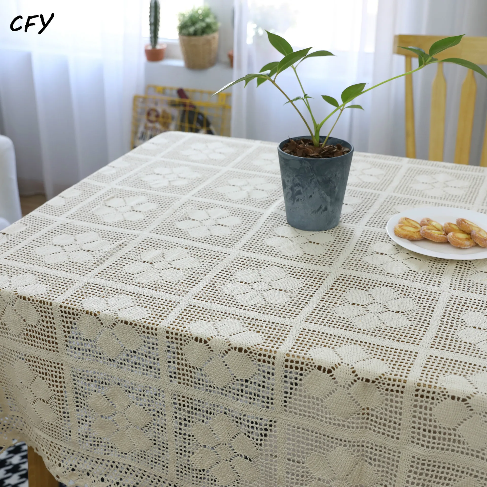 

Cotton Linen Retro and Nostalgic Handmade Crochet Hook Flower Rectangular Table Cloth Kitchen Table Map Towel Tablecloth