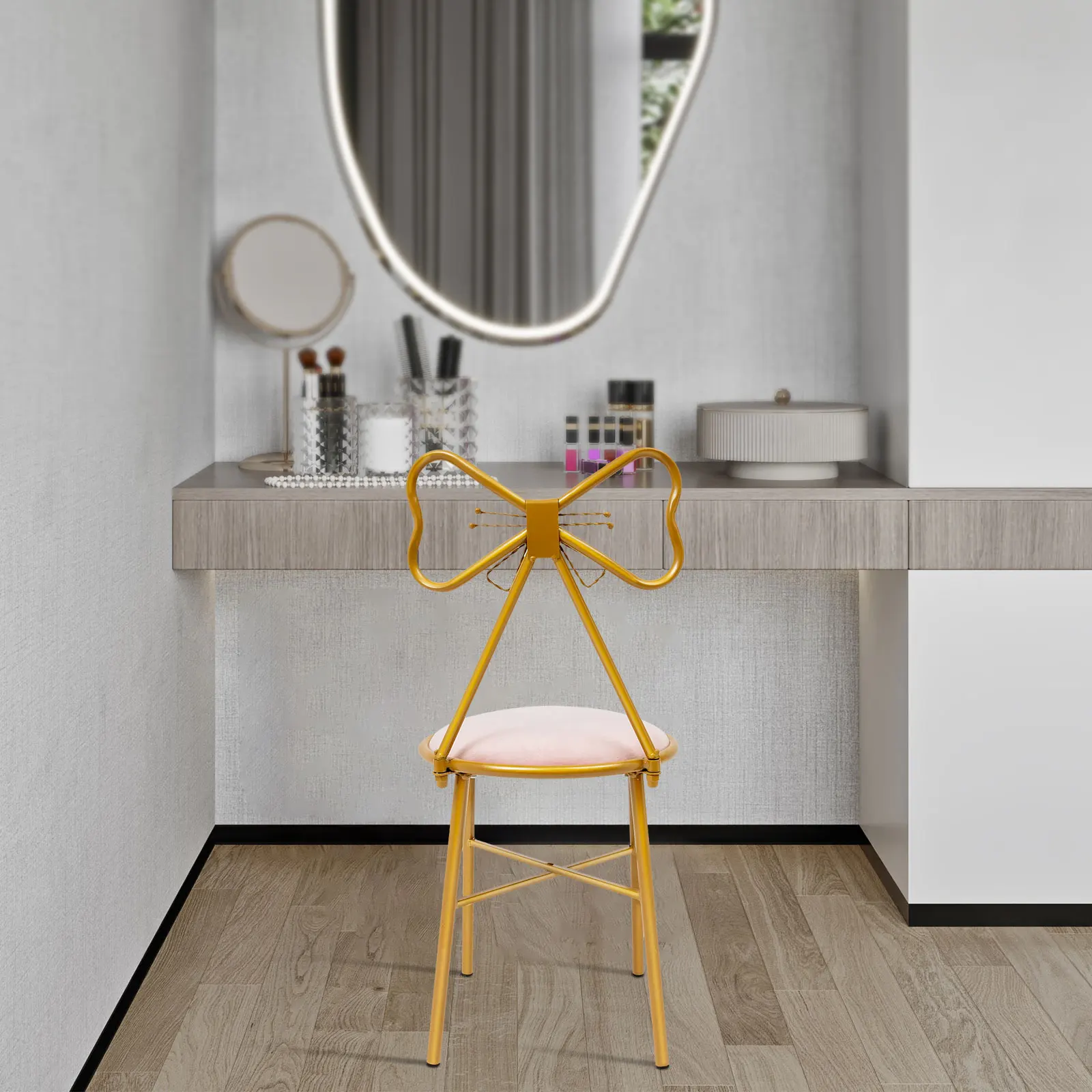 مقعد مكياج حديث، مقعد على شكل فراشة لطيف، مقعد عثماني، أرجل معدنية، كرسي طعام ذهبي لغرفة النوم وغرفة المعيشة #4