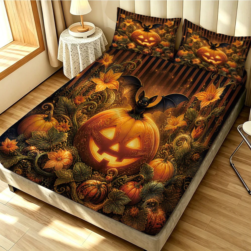 Halloween Glowing Pumpkin Bat Fitted Sheet 3PCS Set Dark Spooky Bedding Set 1 Fitted Sheet + 2 Pillowcases