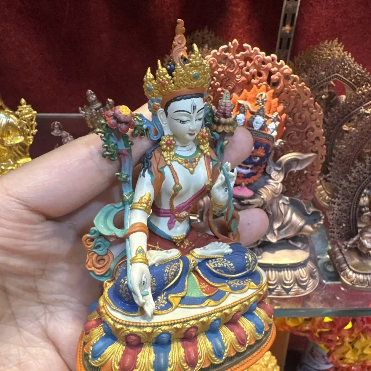 Xizang Tantra Whiteness Mother 10cm Mineral Pigment Painted Ornament Tibetan Legend Household Devotion to Nepalese Bronze Statue