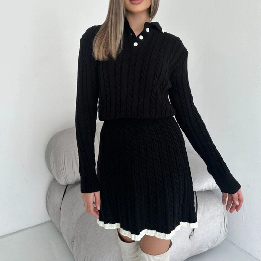 TWOTWINSTYLE Solid Knitted Two Piece Set For Women Lapel Long Sleeve Spliced Buttons Sweater High Waist Skirt Elegant Set Female