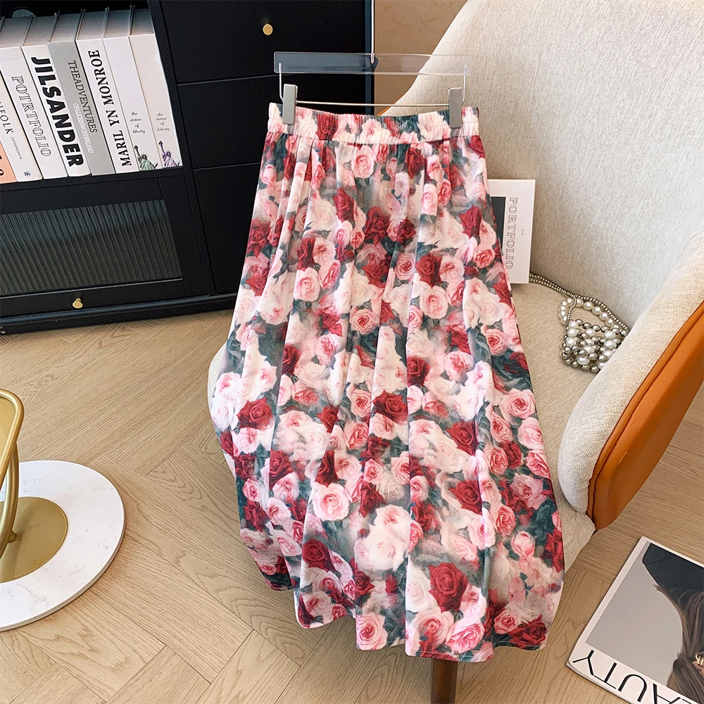 Fall plus size women's casual skirt Polyester fabric loose comfortable print skirt with commuter bottom party dress 2024 new