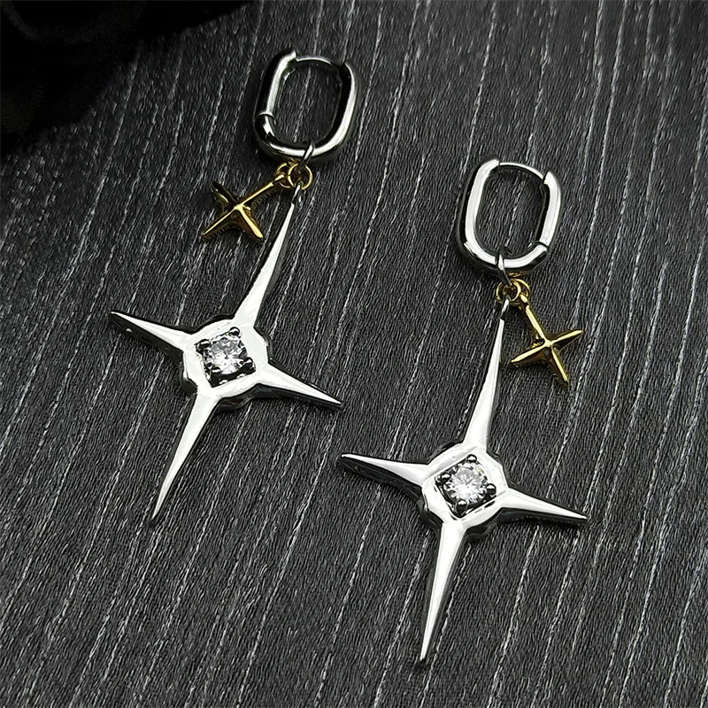 

Punk Kpop Starburst Cross Hoop Earrings for Women Men Stainless Steel Gold Color Y2K Rhinestones Drop Earring Jewelry Gift