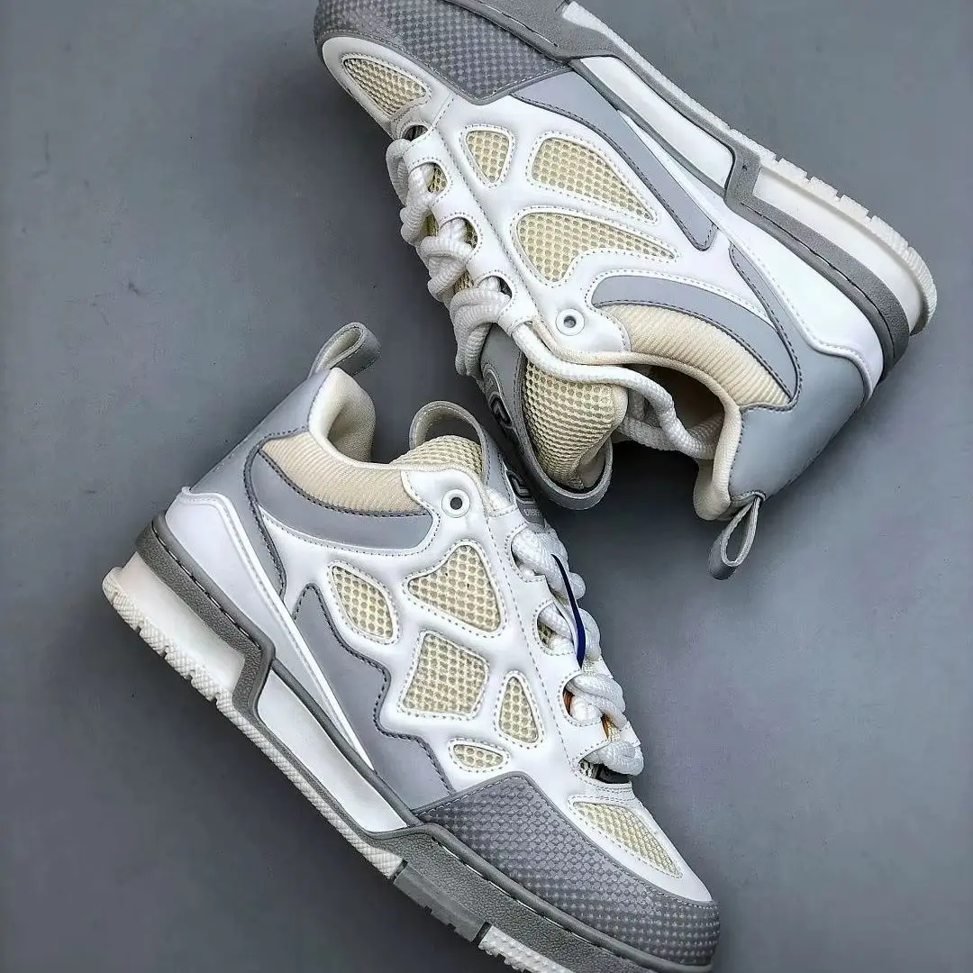 Unisex White‑Grey Mesh Leather Patchwork Low‑Top Sneakers, Geometric Cutout Thick Sole Lace‑Up Street Casual Skate Shoes