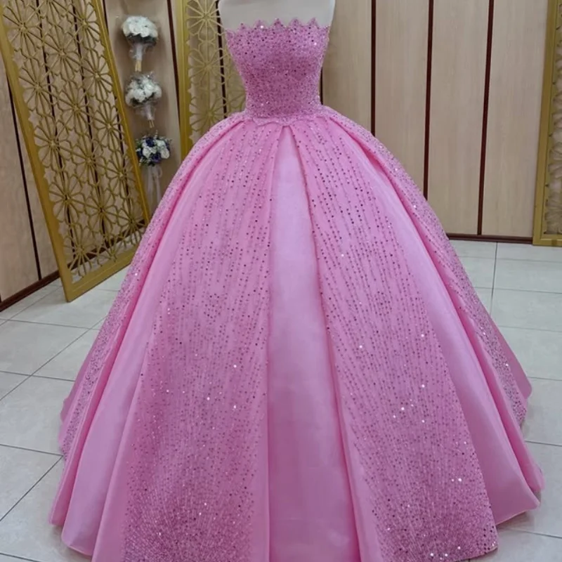 

Shiny Pink Quinceanera Dress Glitter Crystal Decal Lace Ruffle Long tail Vestidos De 15 Quinceanera ﻿Customize