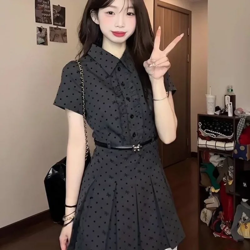 

Korean Style Retro Two-Piece Polka Short Sleeve Dress Women's Summer Academy Style Waist-Cinching SlimmingAWord Dress