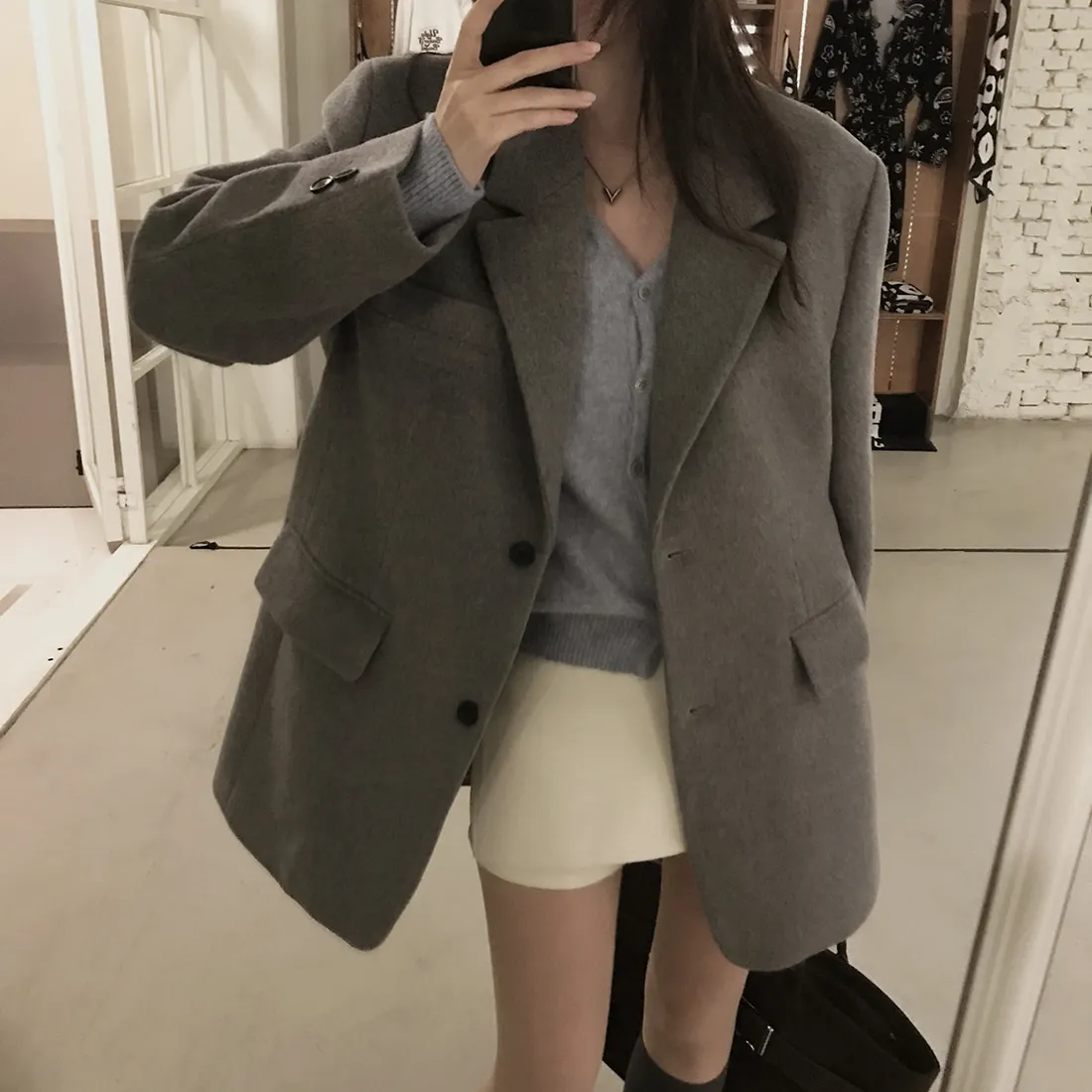 Women's Woolen Coat Hepburn Style Loose Fit Thickened Suit Collar Autumn Winter New Fashion Korean Style Long Sleeve Top