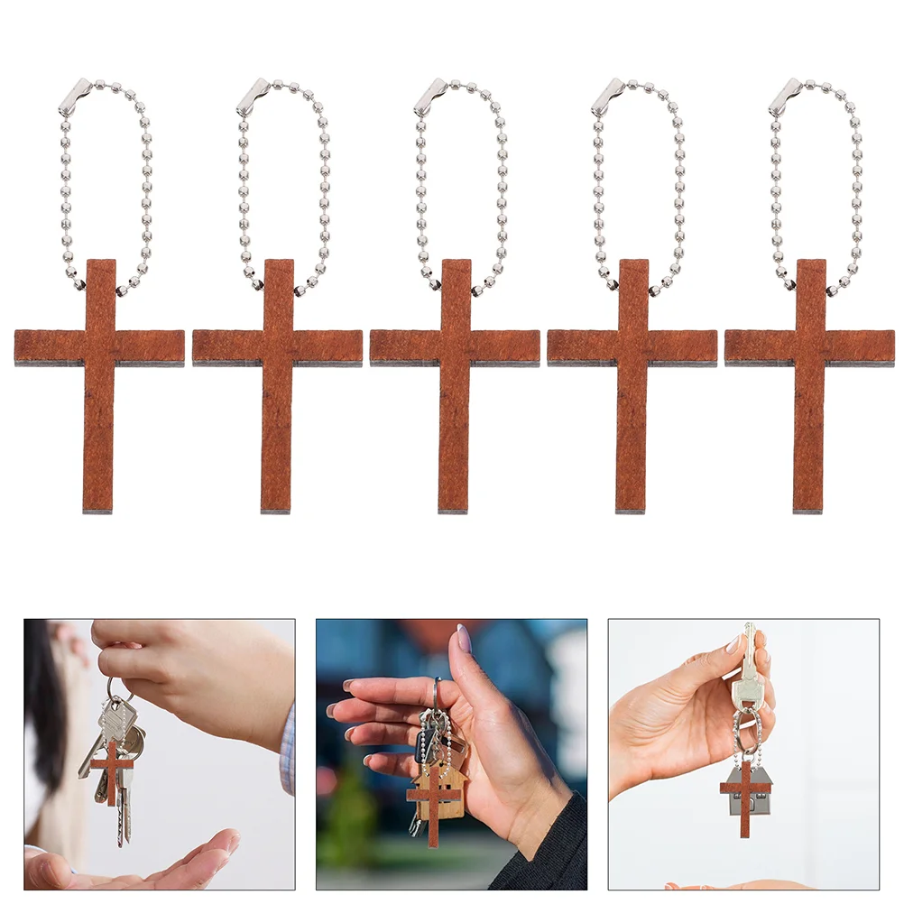 12 Pcs Wooden Keychain Crosses for Jewelry Making Bags Brown Religious Hanging Charms Mini