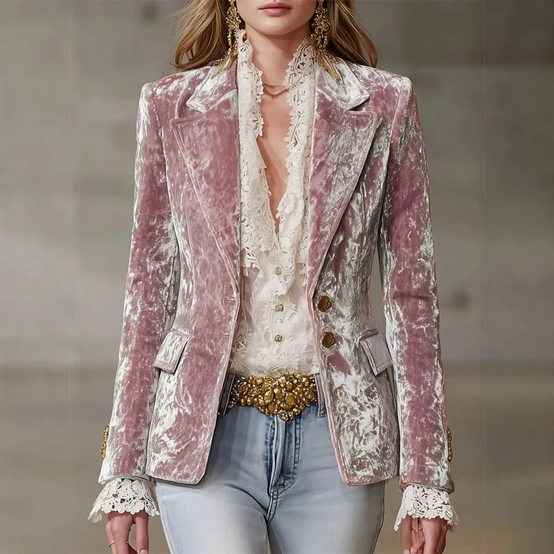

Jacquard Print Velvet Blazers for Women Jacket Single-breasted Suit Collar Blazer Coat Long Sleeve Fashion Female Outerwear