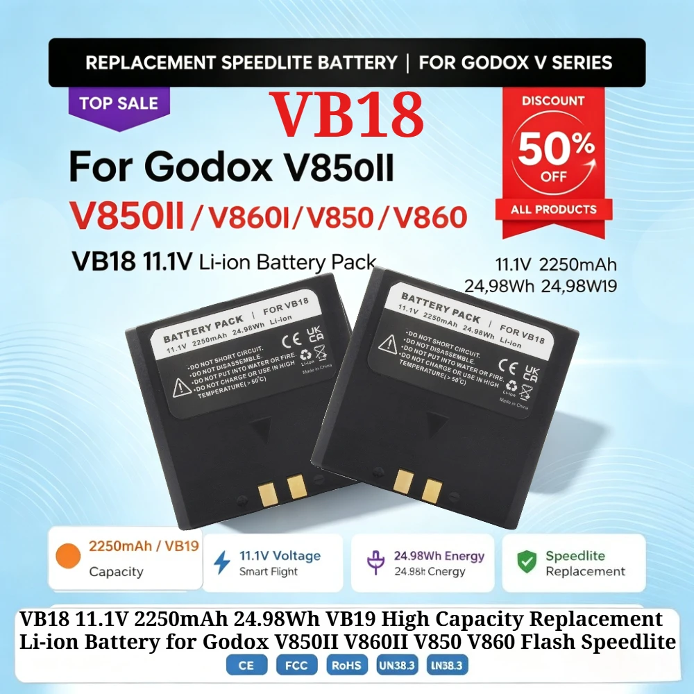 VB18 11.1V 2250mAh 24.98Wh VB19 High Capacity Replacement Li-ion Battery for Godox V850II V860II V850 V860 Flash Speedlite